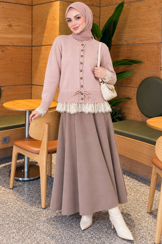Gilet En Maille Rose À Détails En Dentelle Et À Nouer