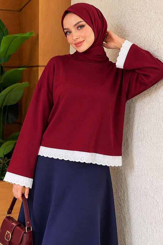 Dantel Detaylı Basic Tunik Bordo