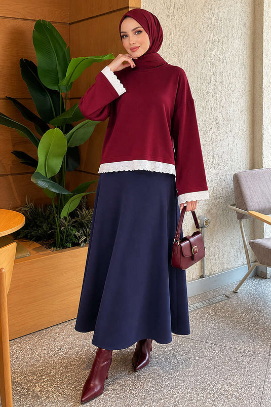 Dantel Detaylı Basic Tunik Bordo