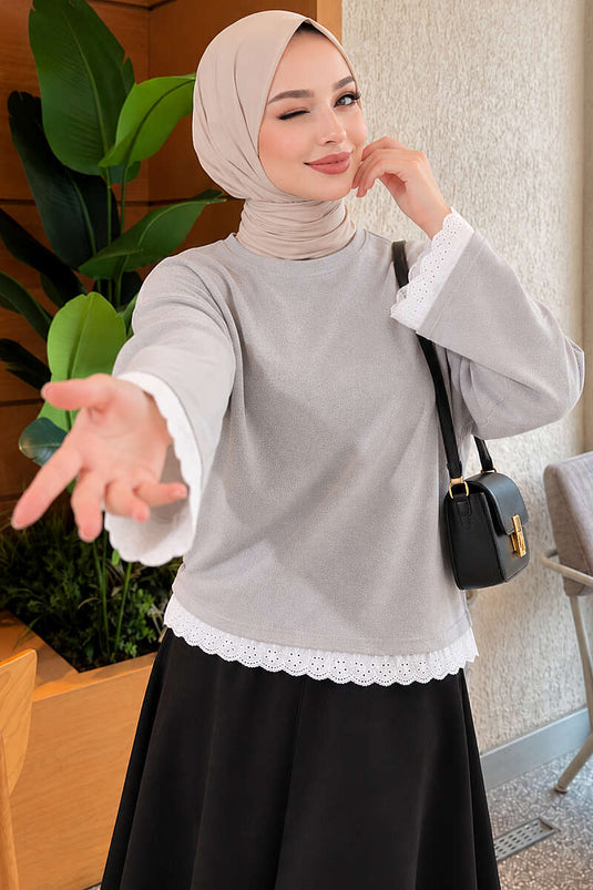 Dantel Detaylı Basic Tunik Gri