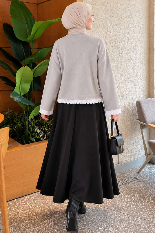 Dantel Detaylı Basic Tunik Gri