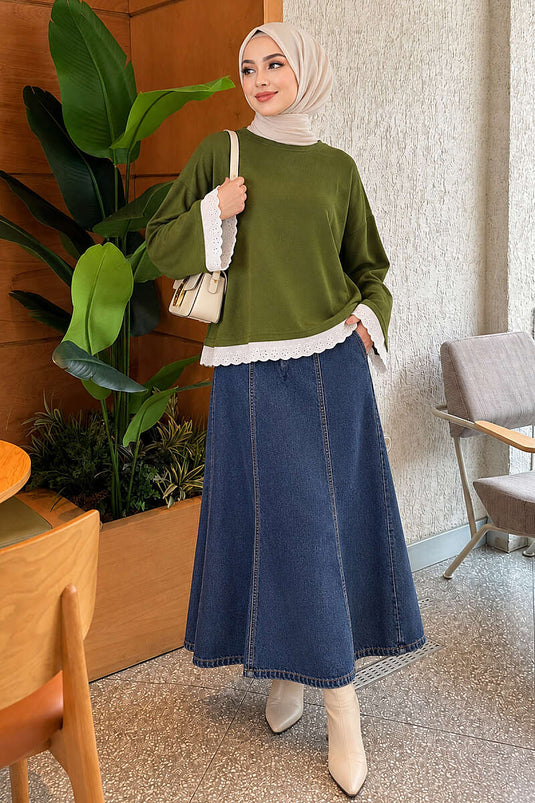 Dantel Detaylı Basic Tunik Haki
