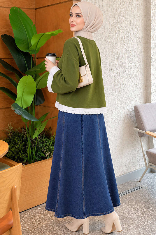 Dantel Detaylı Basic Tunik Haki