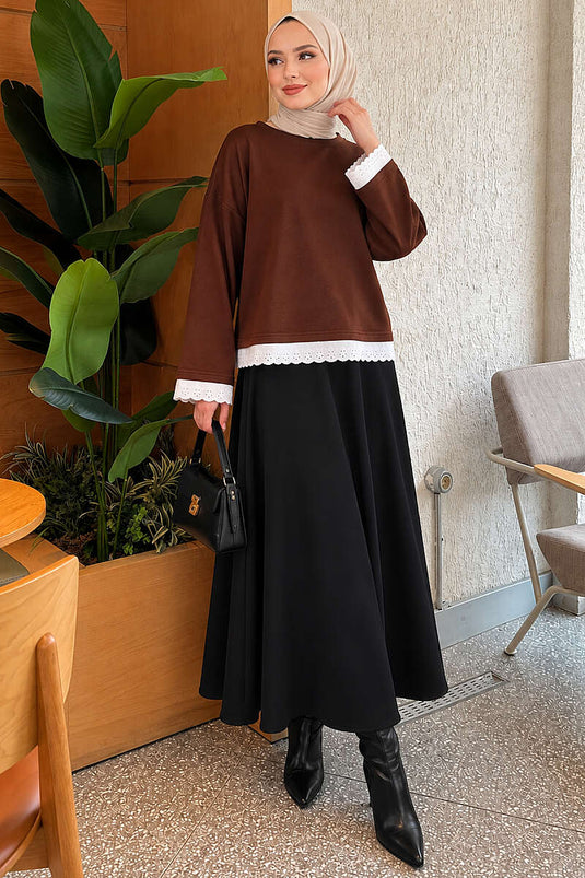 Dantel Detaylı Basic Tunik Kahve