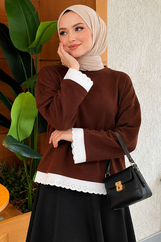 Dantel Detaylı Basic Tunik Kahve