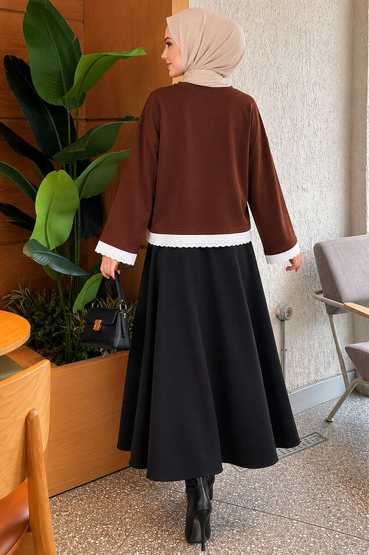 Dantel Detaylı Basic Tunik Kahve