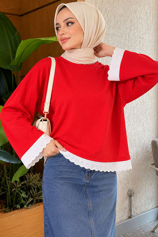 Dantel Detaylı Basic Tunik Kırmızı