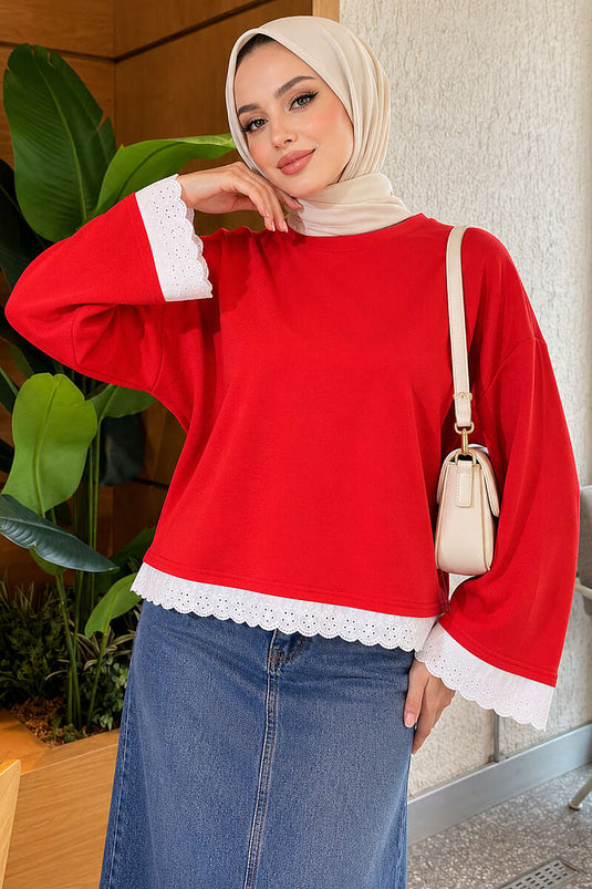 Dantel Detaylı Basic Tunik Kırmızı