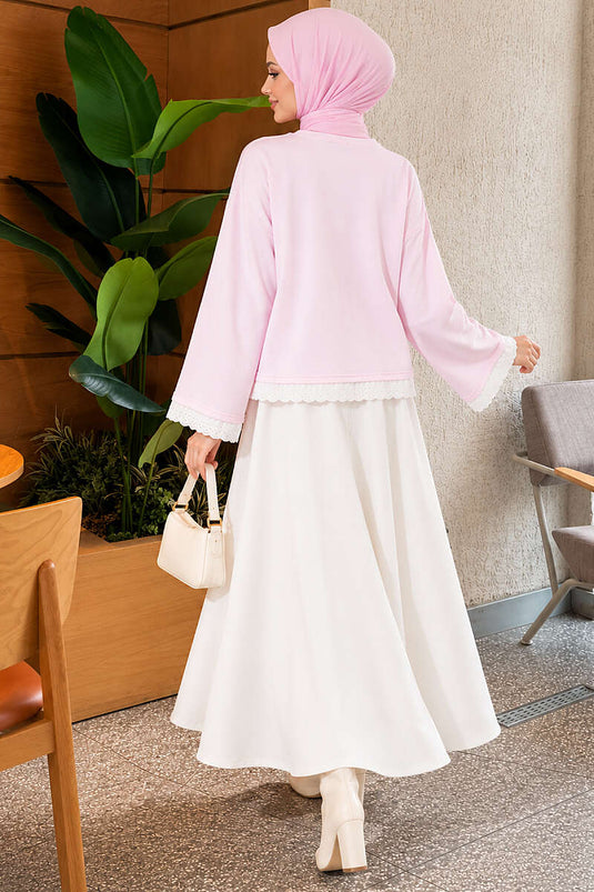 Dantel Detaylı Basic Tunik Pembe