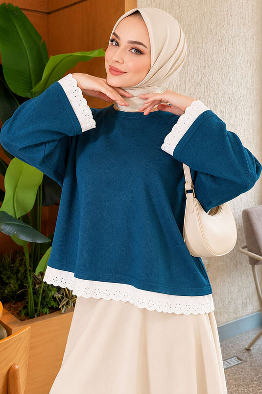 Dantel Detaylı Basic Tunik Petrol