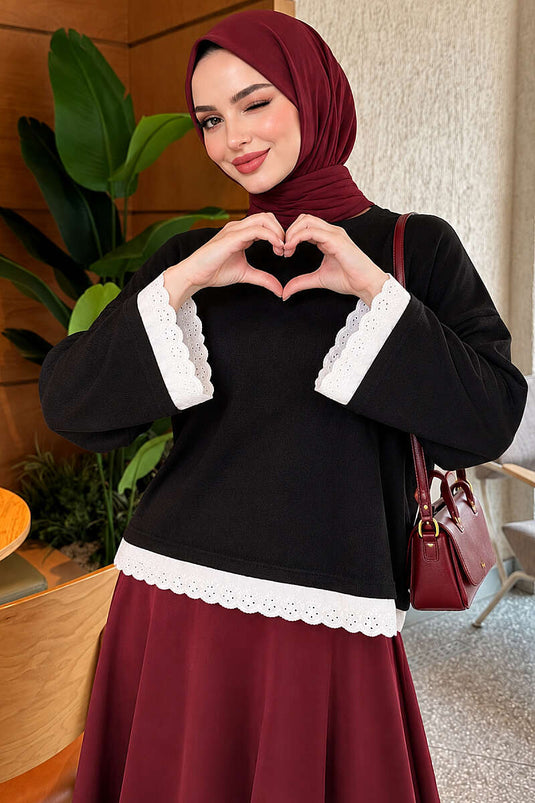 Dantel Detaylı Basic Tunik Siyah