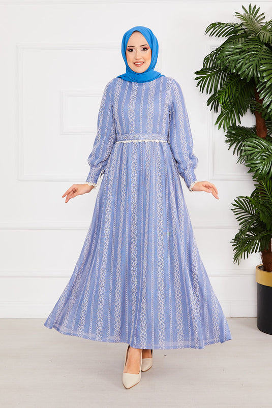 Lace Detailed Waist Belted Hijab Dress Indigo