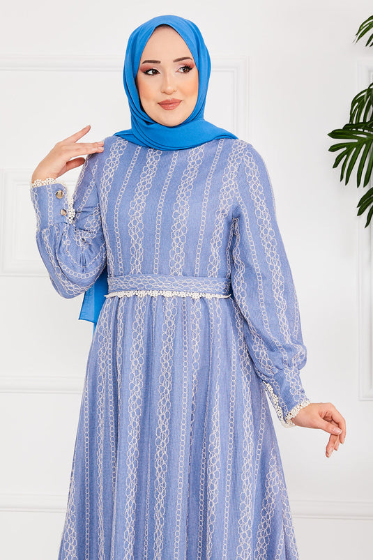 Lace Detailed Waist Belted Hijab Dress Indigo