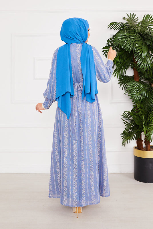 Lace Detailed Waist Belted Hijab Dress Indigo