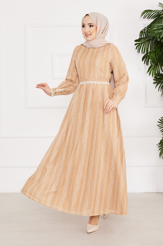 Robe Hijab avec Ceinture Détaillée en Dentelle Vison