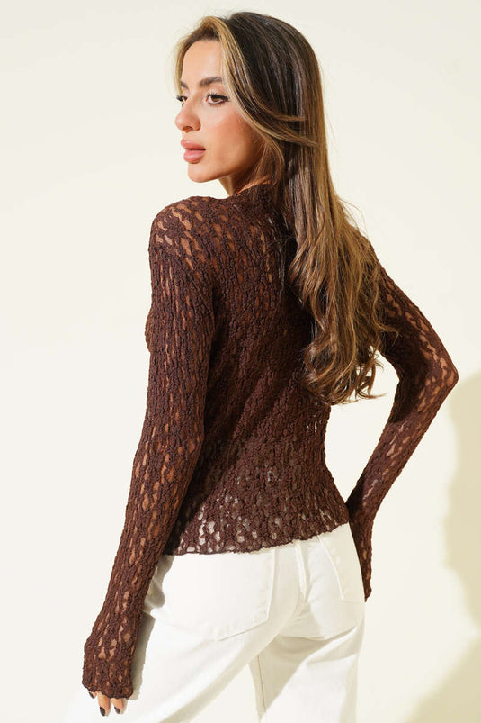 Blouse with Lace Detail and Gathered Design Brown