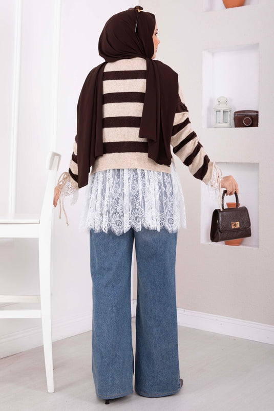 Dantel Detaylı Çizgili Triko Hırka Bej