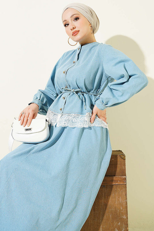 Two-Piece Set with Lace Detail and Skirt in Light Blue Denim