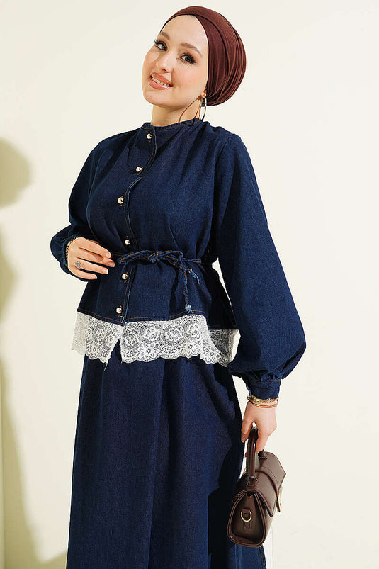 Ensemble deux pièces en jean avec jupe à détails en dentelle bleu marine