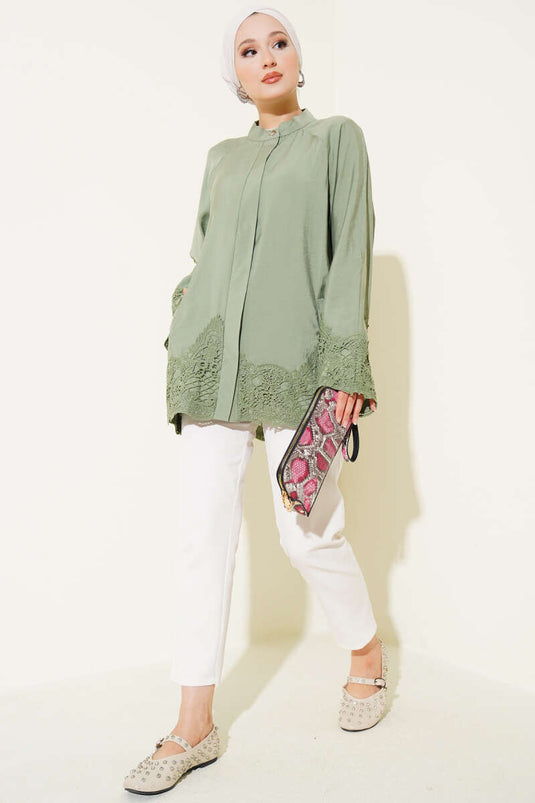 Lace Detail Hidden Button Shirt in Sage Green