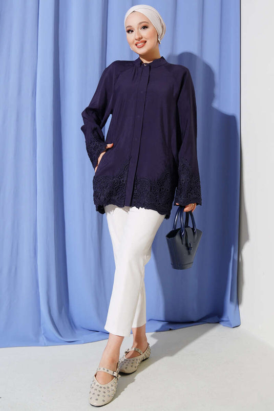 Dantel Detaylı Gizli Düğmeli Gömlek Lacivert