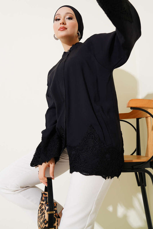 Dantel Detaylı Gizli Düğmeli Gömlek Siyah