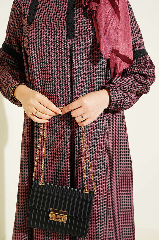Robe À Dentelle Et Motif Pied-De-Poule En Rose Taupe