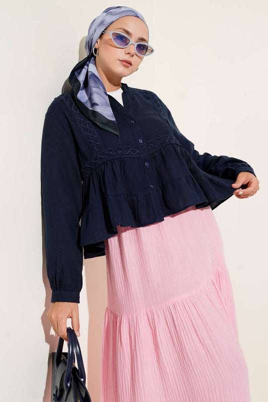 Dantel Detaylı Kısa Bluz Lacivert