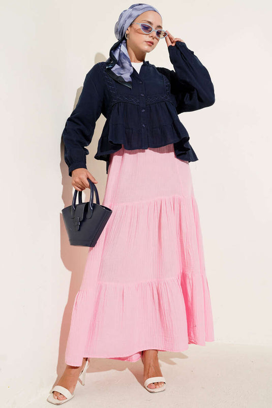 Dantel Detaylı Kısa Bluz Lacivert