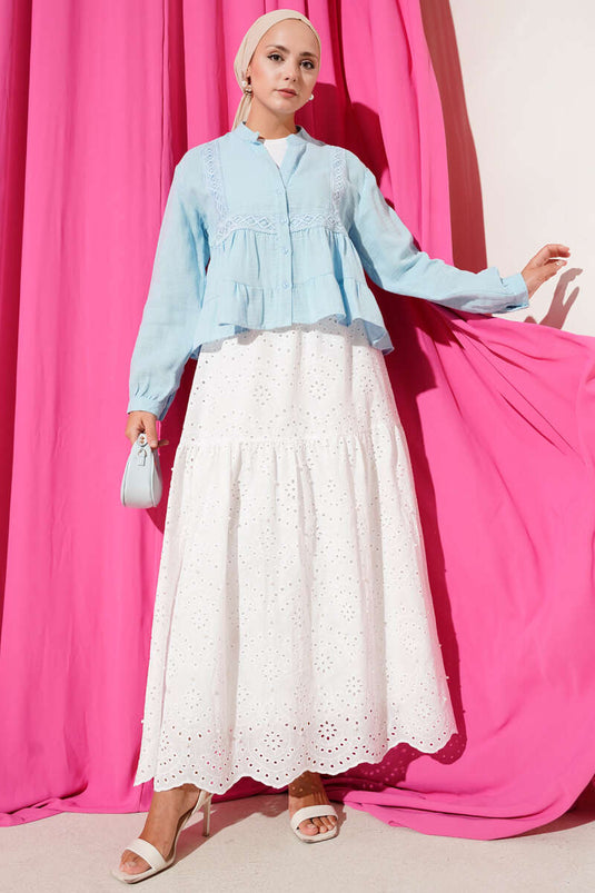 Dantel Detaylı Kısa Bluz Mavi