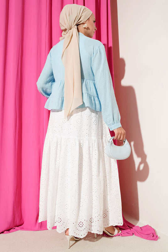 Dantel Detaylı Kısa Bluz Mavi