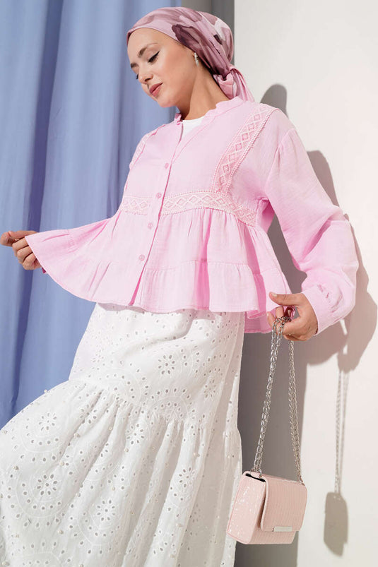 Dantel Detaylı Kısa Bluz Pembe
