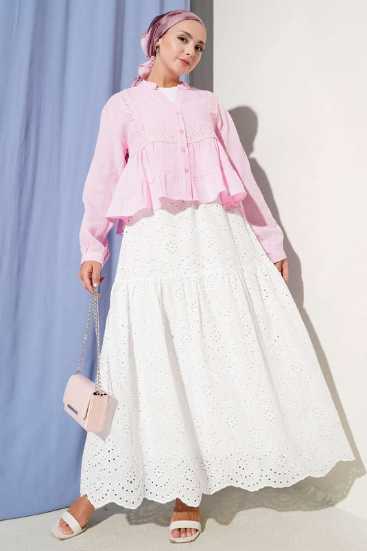 Dantel Detaylı Kısa Bluz Pembe