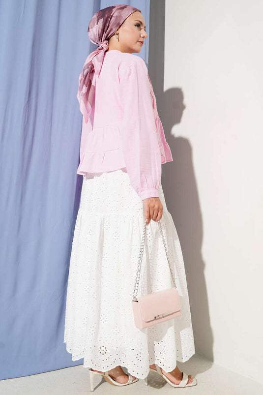 Dantel Detaylı Kısa Bluz Pembe