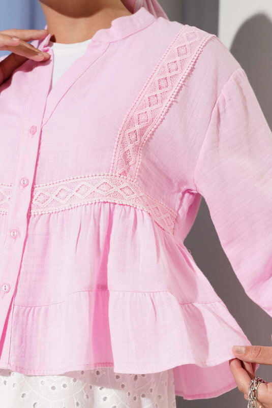 Dantel Detaylı Kısa Bluz Pembe