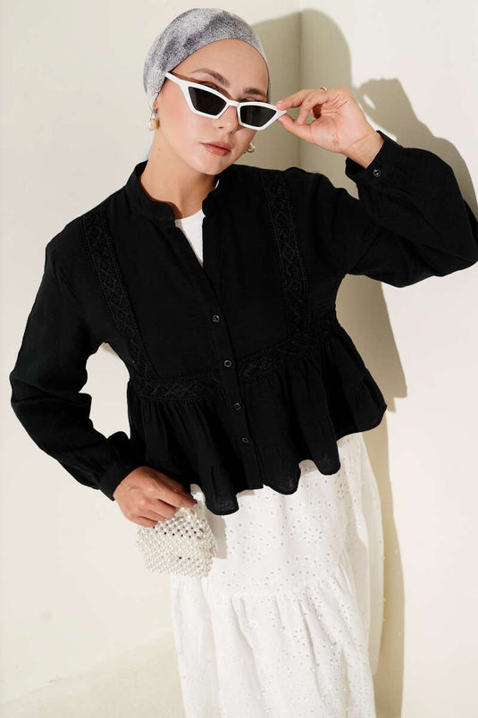 Dantel Detaylı Kısa Bluz Siyah