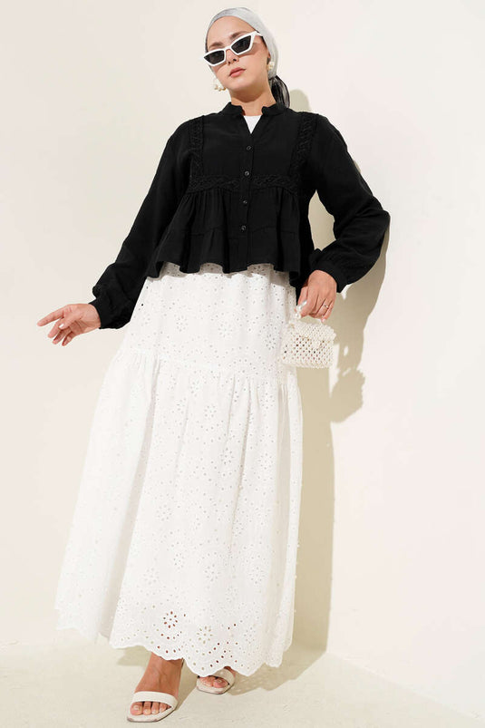 Dantel Detaylı Kısa Bluz Siyah