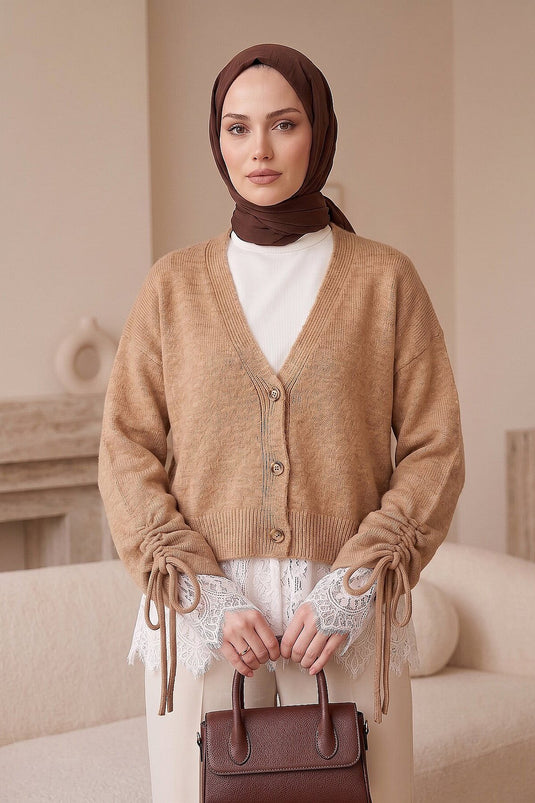Dantel Detaylı Kolları Bağlamalı Triko Hırka Camel