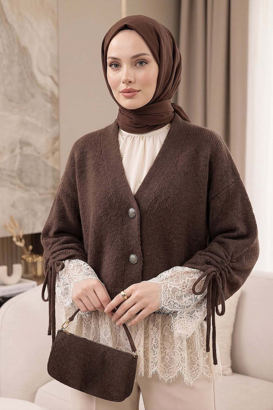 Dantel Detaylı Kolları Bağlamalı Triko Hırka Kahve