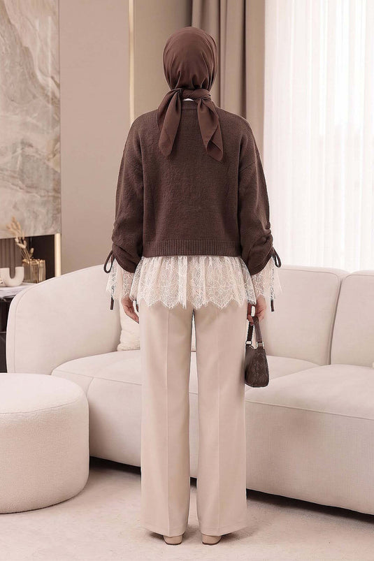 Dantel Detaylı Kolları Bağlamalı Triko Hırka Kahve