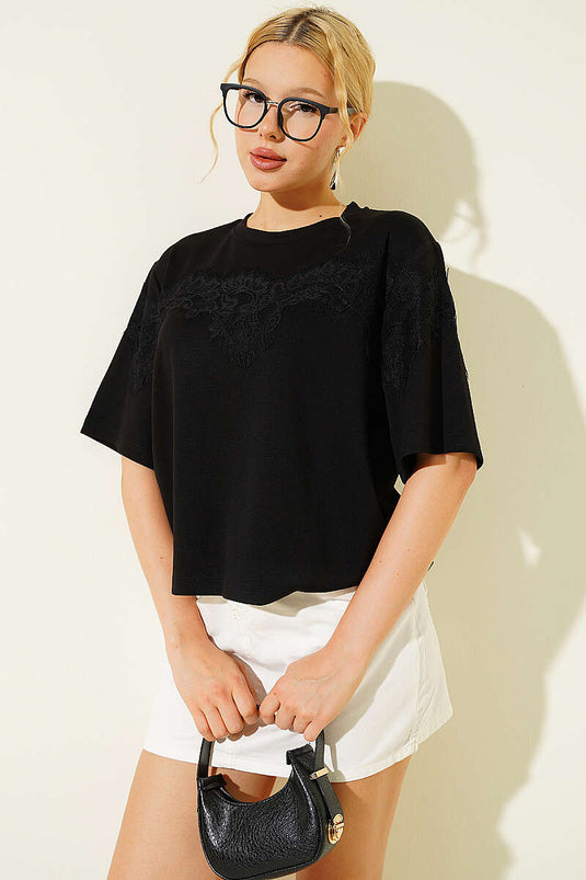 Dantel Detaylı Loyşa T-shirt Siyah