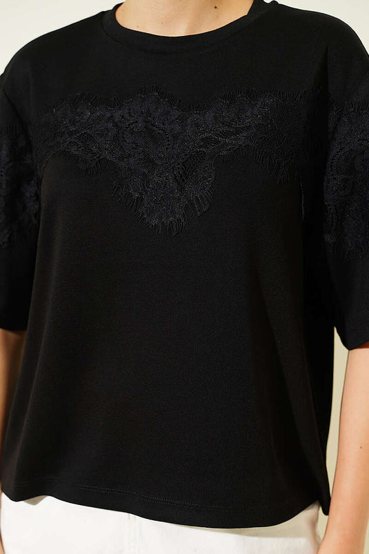 Dantel Detaylı Loyşa T-shirt Siyah