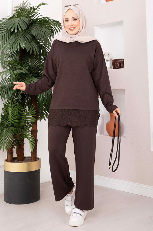 Conjunto De Pantalón Con Encaje Marrón