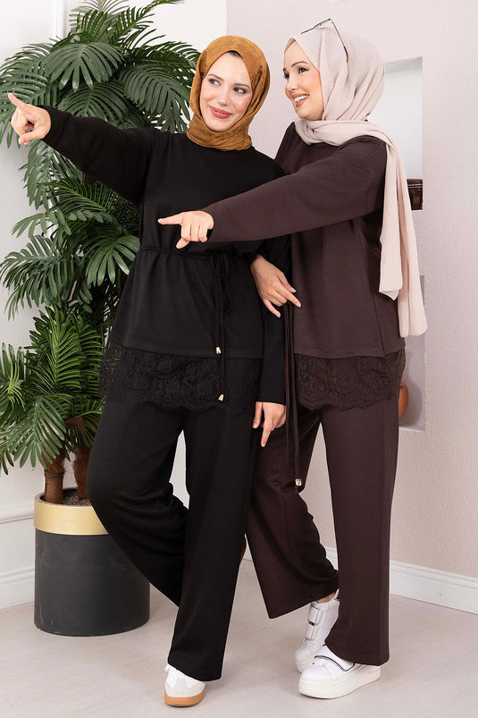 Conjunto De Pantalón Con Encaje Marrón
