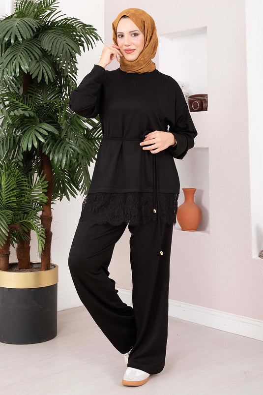 Schwarzes Hosen-Set Mit Spitzen-Details
