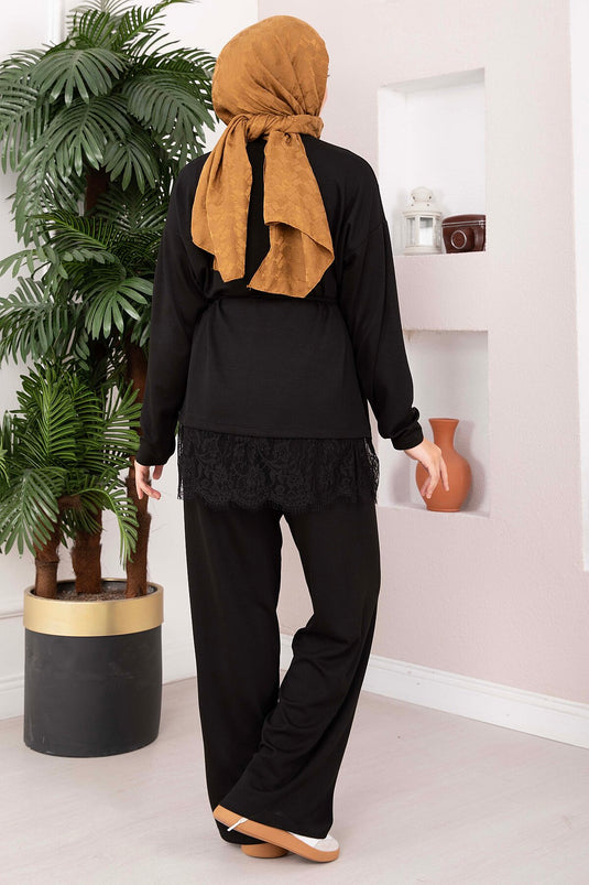 Schwarzes Hosen-Set Mit Spitzen-Details