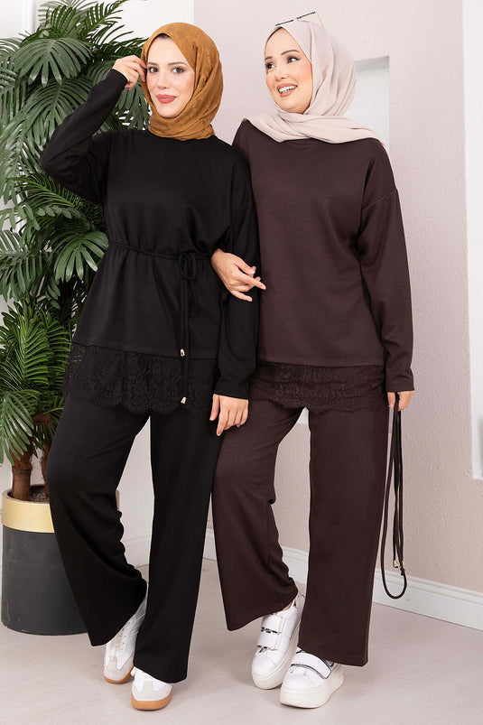 Schwarzes Hosen-Set Mit Spitzen-Details