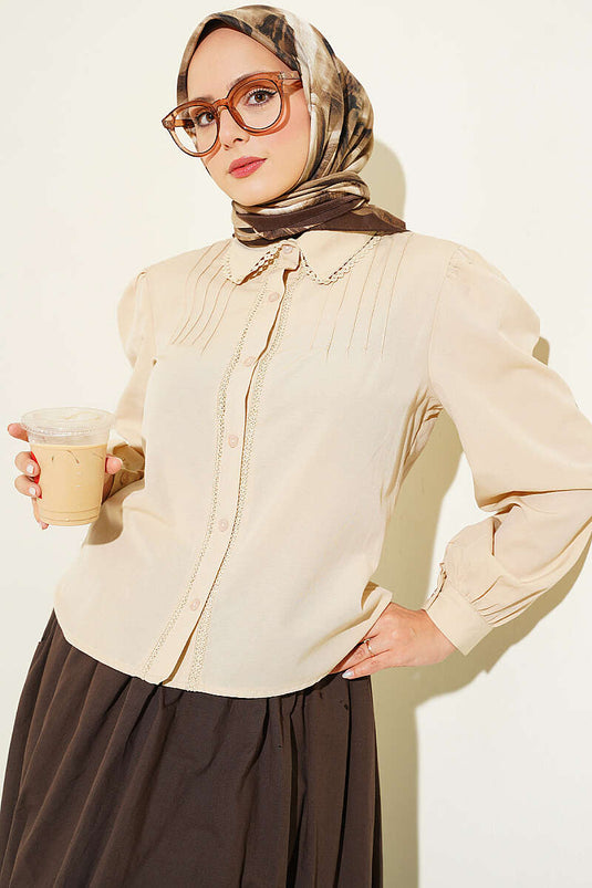 Beige Lace Detail Pleated Short Shirt