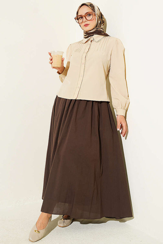 Chemise Courte Plissée En Dentelle Beige