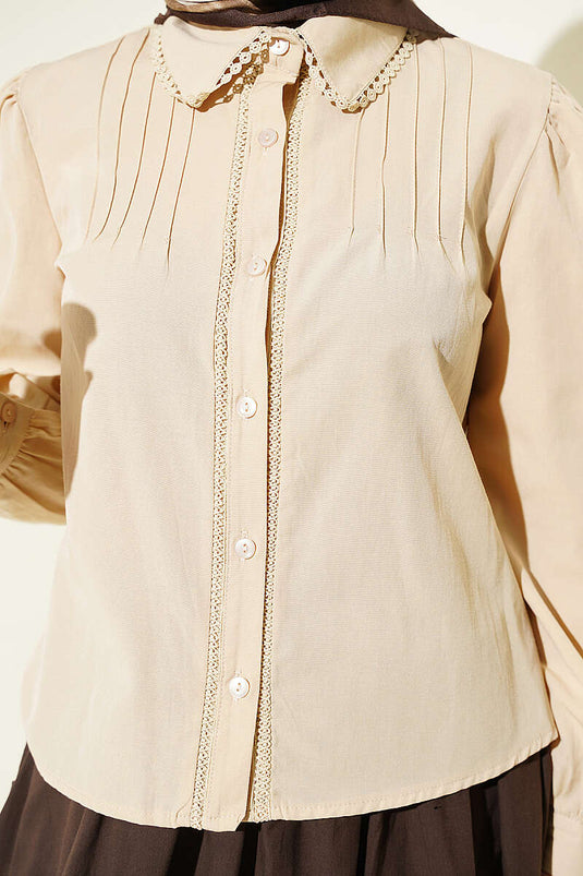 Beige Lace Detail Pleated Short Shirt